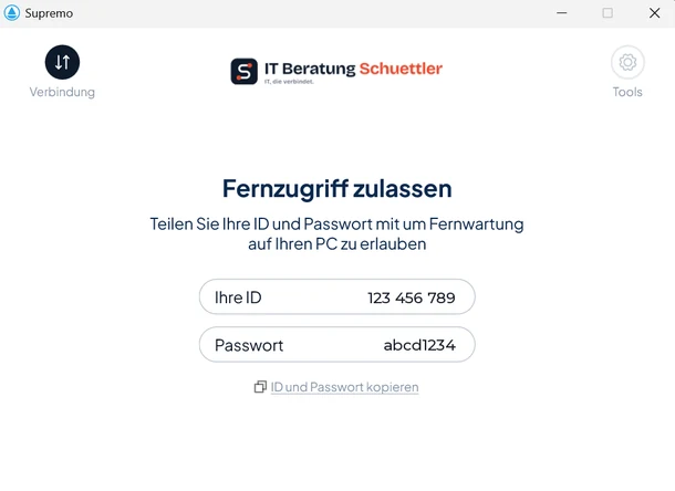 Supremo-Fenster der IT Beratung Schuettler mit ID und Passwort