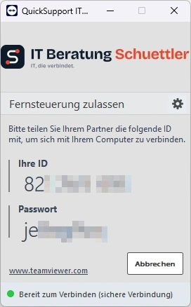 TeamViewer QuickSupport-Fenster der IT Beratung Schuettler mit ID und Passwort
