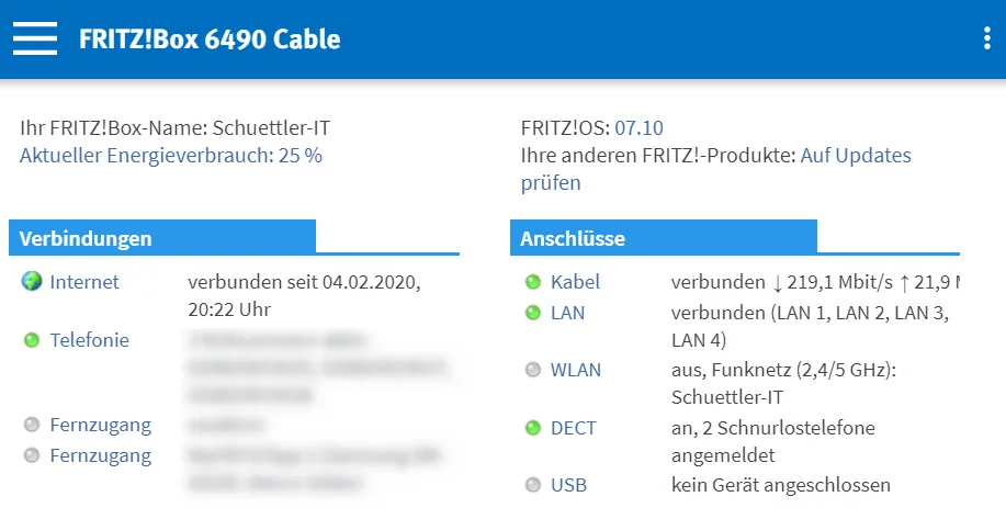 FritzBox Menue Uebersicht