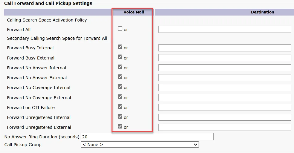 Cisco Callmanager Call Forward and Pickup Settings
