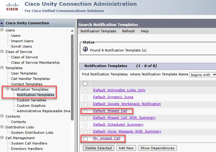 Cisco Unity Notification Template configuration